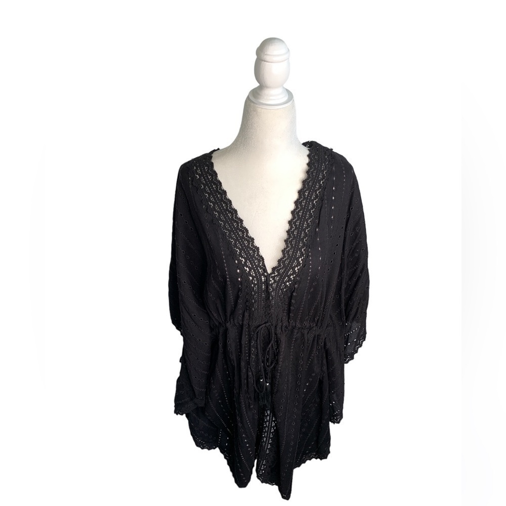 Echo by Bloomingdales Crochet Black Cinched Tassel Swim Cover Up Dress sz OS